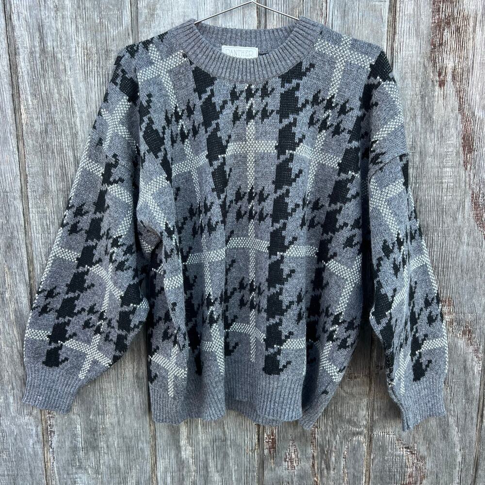 Vintage Panther Gray Black Houndstooth Plaid Wool Alpaca Mohair Sweater MEDIUM?
